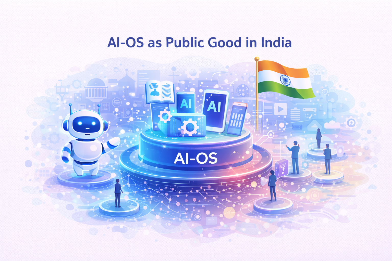 Illustration showing an AI-OS platform as digital public infrastructure, representing artificial intelligence as a public good in India.