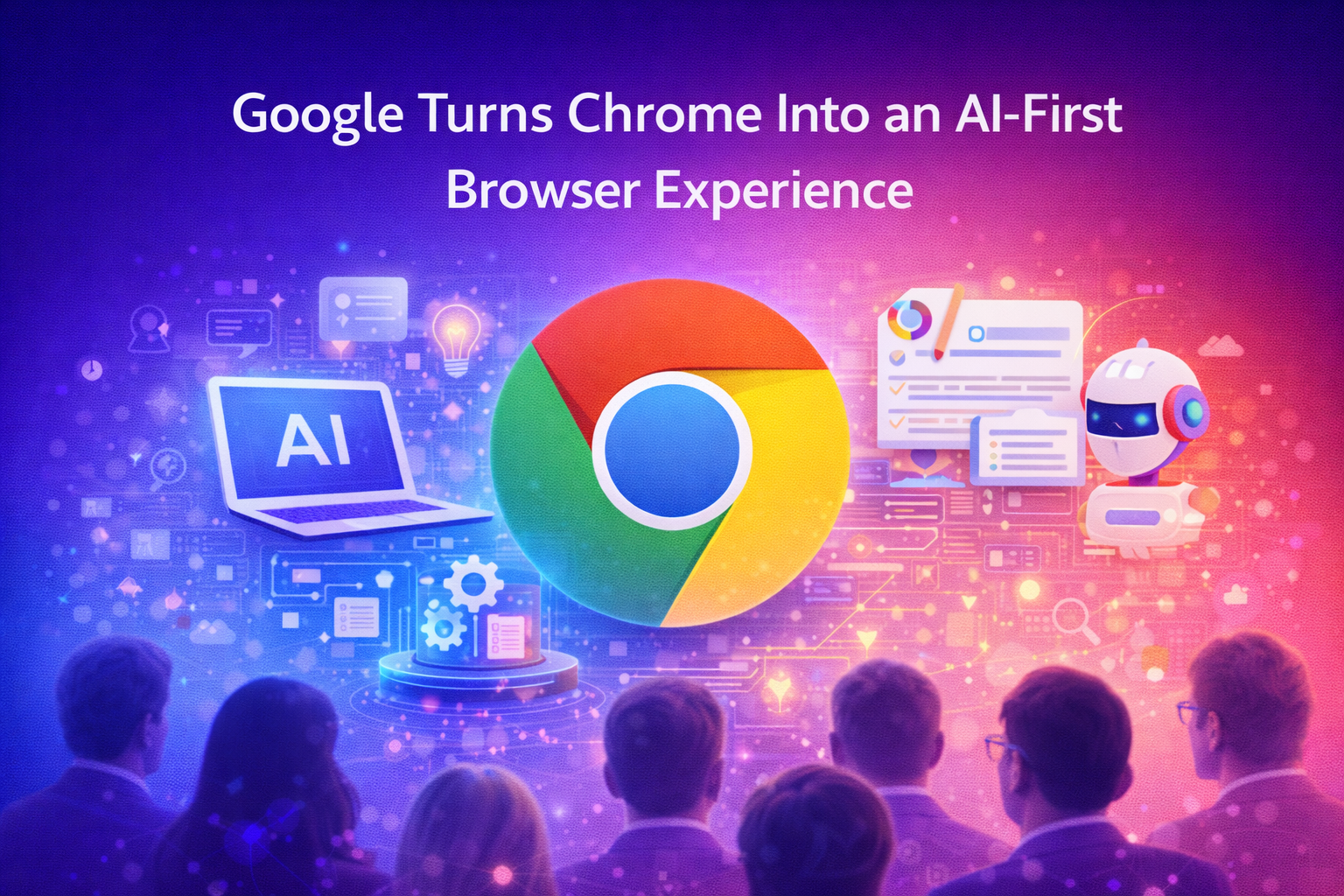 Illustration showing Google Chrome evolving into an AI-first browser with AI-powered browsing, productivity tools, and intelligent web assistance.