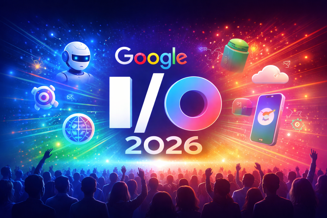 Futuristic dark gradient illustration representing Google I/O 2026 with vibrant Google brand colors, AI technology icons, and a global developer event atmosphere.