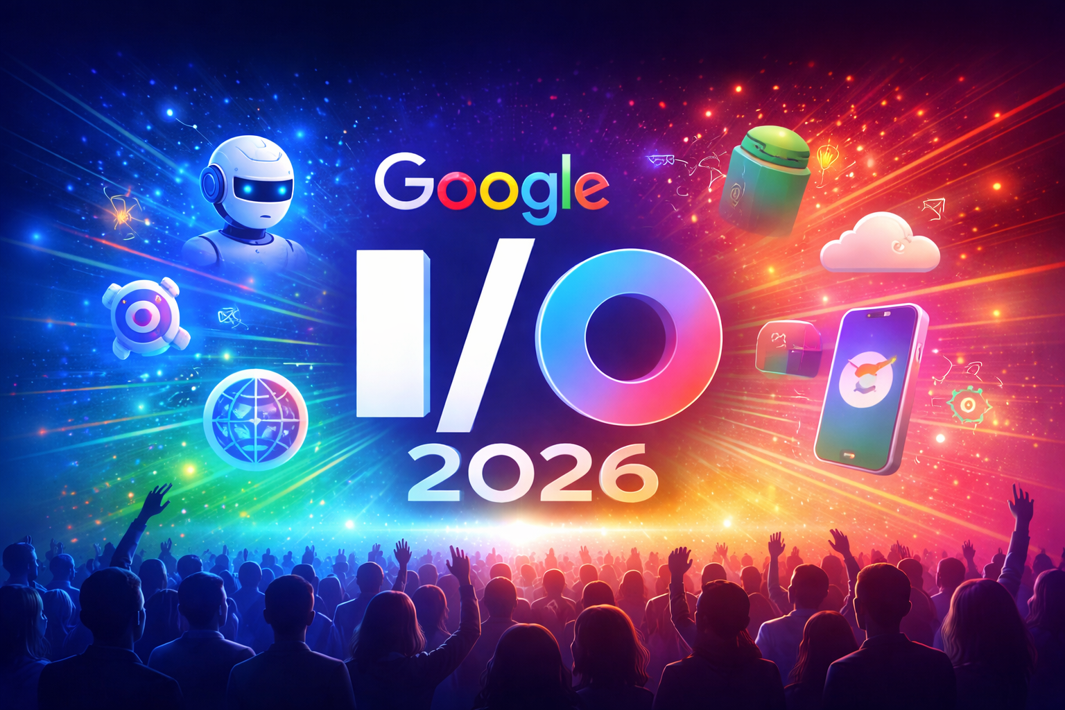 Futuristic dark gradient illustration representing Google I/O 2026 with vibrant Google brand colors, AI technology icons, and a global developer event atmosphere.