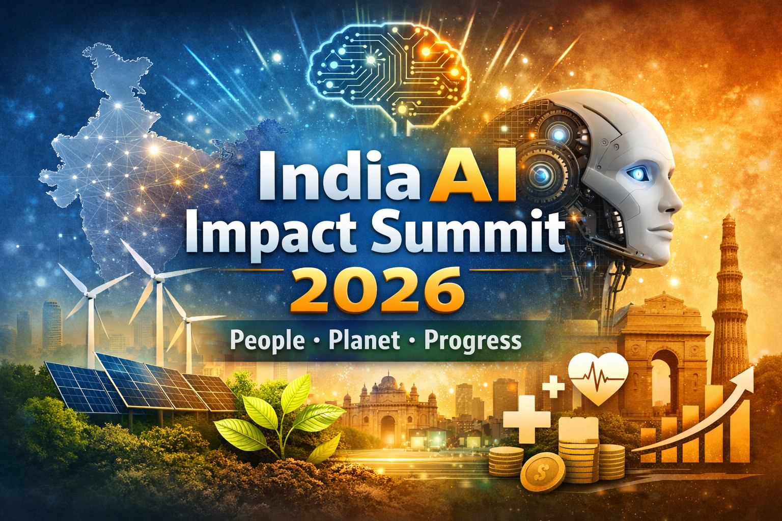 Illustration of India AI Impact Summit 2026 theme showing AI brain, India map, renewable energy, healthcare, and growth icons representing People, Planet, and Progress.
