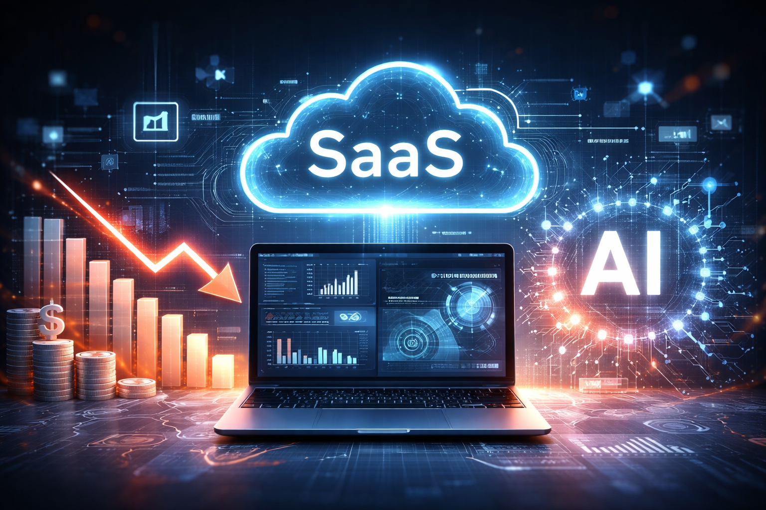 Illustration of SaaS cloud platform, AI technology, financial decline graph, and digital dashboard representing AI disruption in the SaaS industry